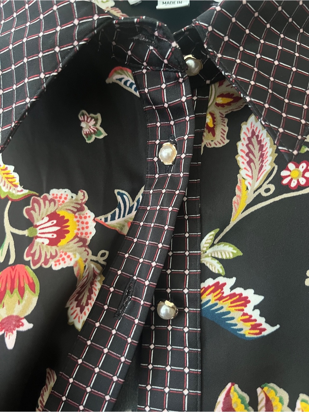 CeCe Black Floral Button-Down Shirt with Pink & Cream Accents - Picture 3 of 5